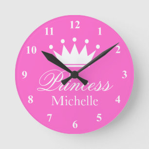 Rosa Prinzessin Krönung mit Mädchennamen Runde Wanduhr