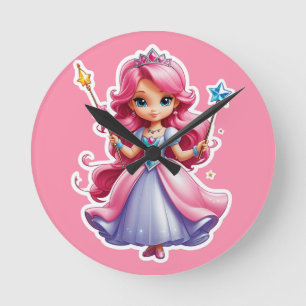 Rosa Prinzessin mit zauberhafter Wand und Tiara Runde Wanduhr