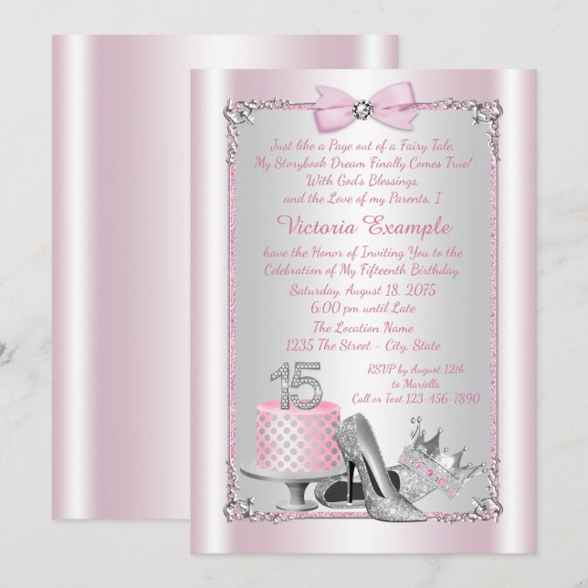 Rosa Prinzessin Quinceanera Einladung (Vorne/Hinten)