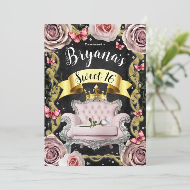 Rosa Prinzessin Rose & Schmetterlinge Süß 16 Einladung (Stehend Vorderseite)