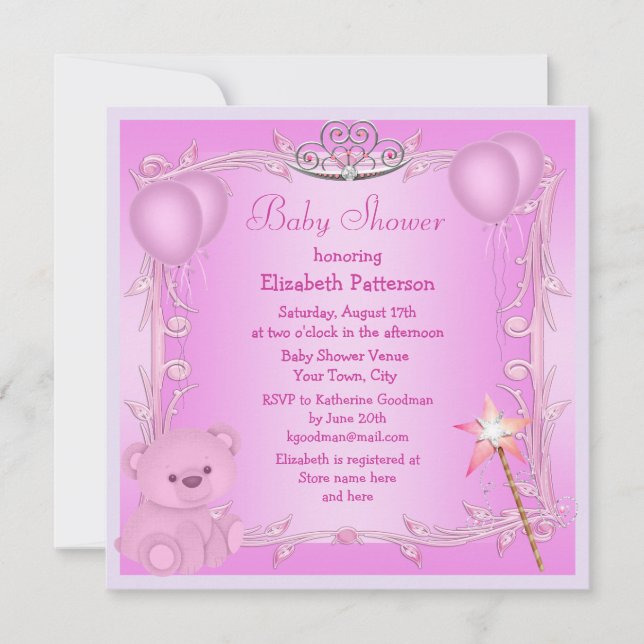 Rosa Prinzessin Teddybär u. Ballon-Babyparty Einladung (Vorderseite)