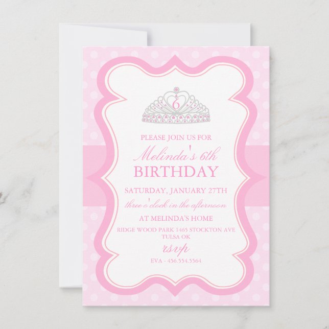Rosa Prinzessin Tiara Girls Birthday Invitation Einladung (Vorderseite)