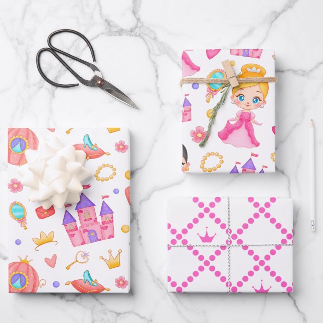 Rosa Prinzessin und Schloss mit Muster Geschenkpapier Set (Vorderseite)