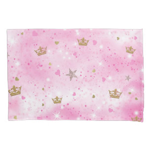 Rosa Prinzessinnen-Herzen Sterne Kronen Glitter Fu Kissenbezug