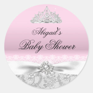 Rosa Prinzessinnen-Tiara- & Schleifen-Baby-Party-A Runder Aufkleber