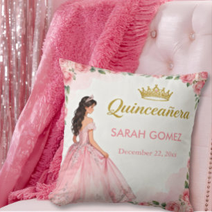 Rosa Prinzessinnenkleid Gold-Tiara Quinceañera Kissen