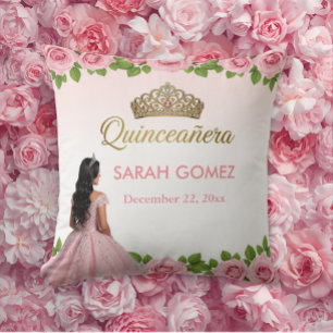 Rosa Prinzessinnenkleid Gold-Tiara Quinceañera Kissen
