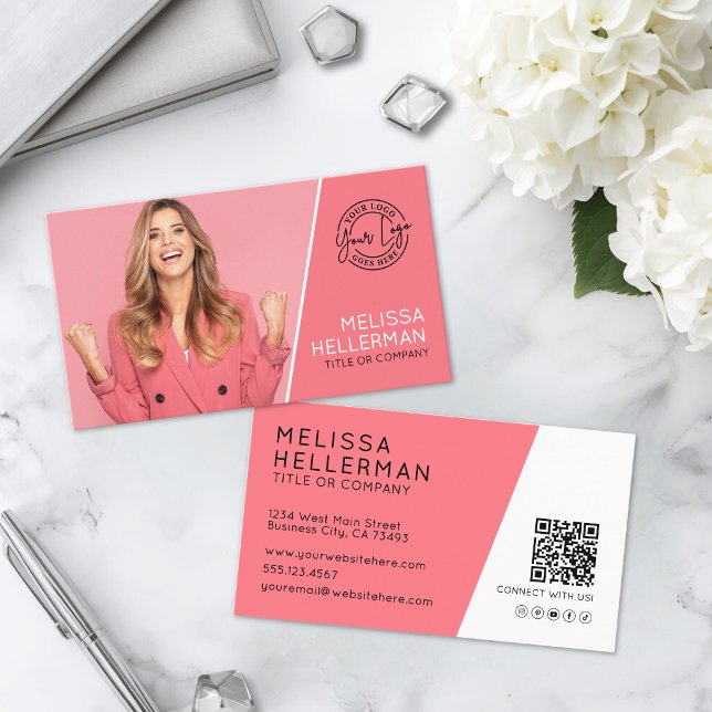 Rosa Professionelles Foto QR-Code Ihr Logo Visitenkarte (Pink Professional Photo QR Code Your Logo Business Card)