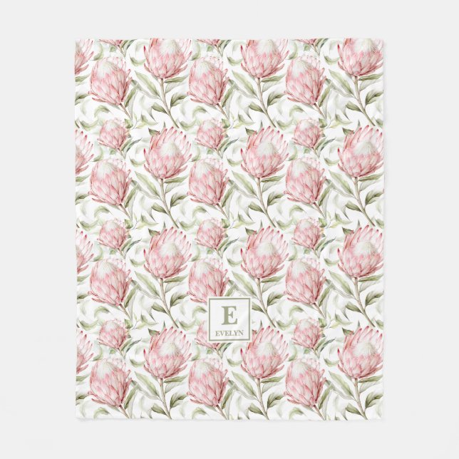 Rosa Protea-Blumen-Monogramm-Fliesblanket Fleecedecke (Vorderseite)