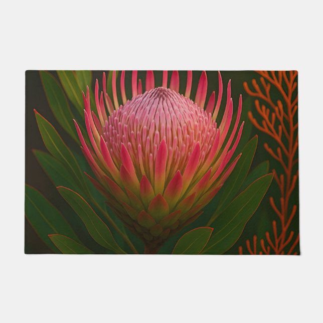 Rosa Protea-Blüte exotische Blüte Fußmatte (Vorderseite)