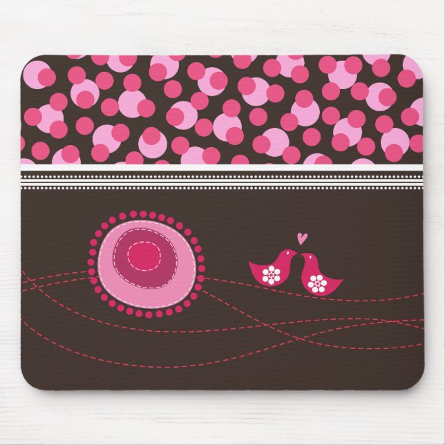 Rosa Punkt-Blumen u. glückliches Vogel-Muster Mousepad (Vorne)