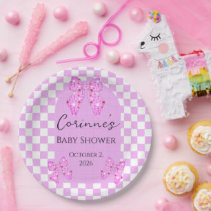 Rosa Punkte-Schleifen Gingham Karo-Baby-Party Pappteller