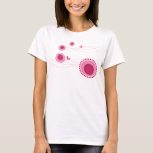 Rosa punktierte Blumen und Vogel-T - Shirt