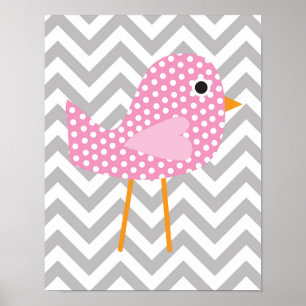 Rosa Punktvogel, Grauer Chevron-Schlafzimmer, Kind Poster