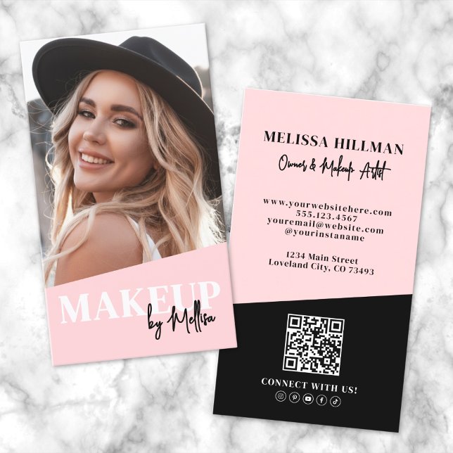 Rosa QR-Code-Foto-Make-up Vertikal Visitenkarte (Blush Pink QR Code Photo Makeup Vertical Business Card)