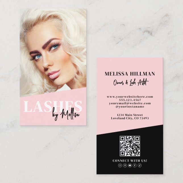 Rosa QR-Code-Foto-Wimpern Vertikal Visitenkarte (Vorne/Hinten)
