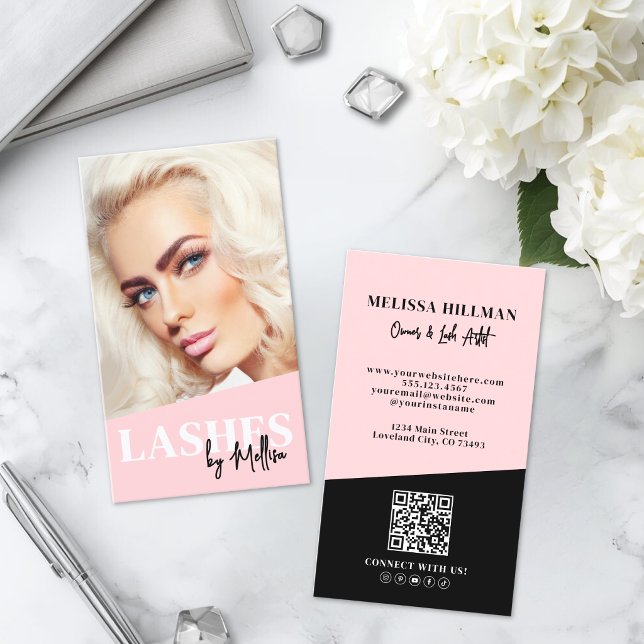 Rosa QR-Code-Foto-Wimpern Vertikal Visitenkarte (Pink QR Code Photo Lashes Vertical Business Card )