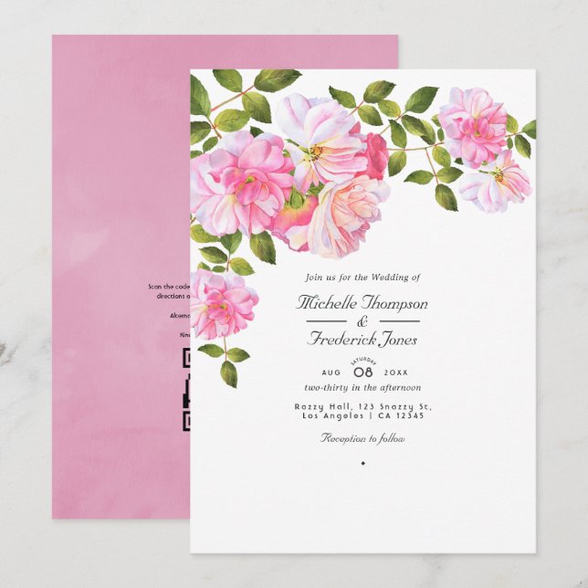 Rosa QR Code UAWG Garden Wedding Einladung (Vorne/Hinten)