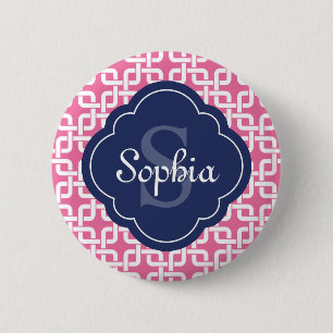 rosa Quadratzenkettenmuster Blaues Monogramm Button