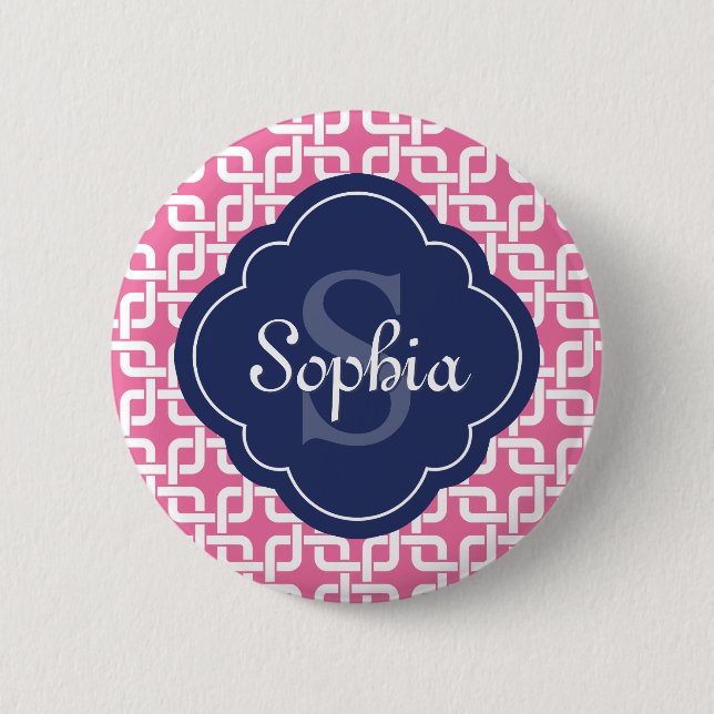 rosa Quadratzenkettenmuster Blaues Monogramm Button (Vorderseite)
