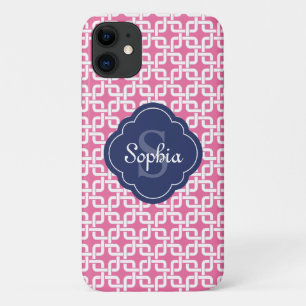 rosa Quadratzenkettenmuster Blaues Monogramm Case-Mate iPhone Hülle