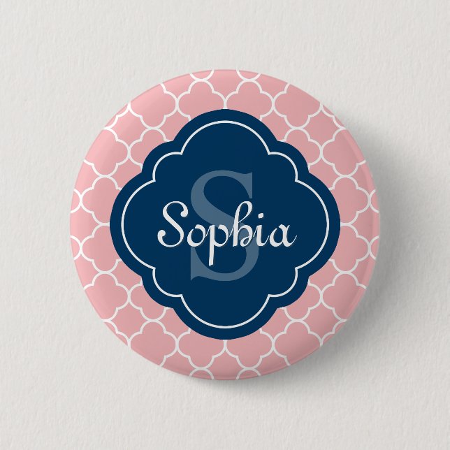 rosa Quatrefolienmuster Navy Monogram Button (Vorderseite)