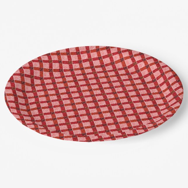 Rosa Quertartan kariert mit leichtem, rauem Relief Pappteller (Schrägansicht)