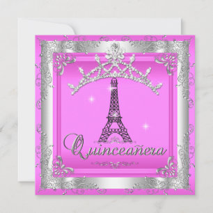 Rosa Quinceanera 15 Silber-Tiara Eiffelturm Einladung