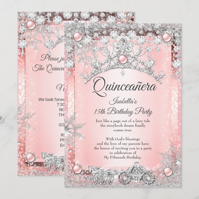Rosa Quinceanera, 15. Winter Carriage Einladung (Vorne/Hinten)
