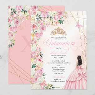 Rosa Quinceañera-Blumen- und Gold-Glitter-Prinzess Einladung