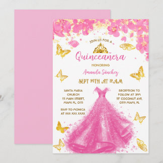 Rosa Quinceanera Blumendruckerkleidung und Tiara Einladung