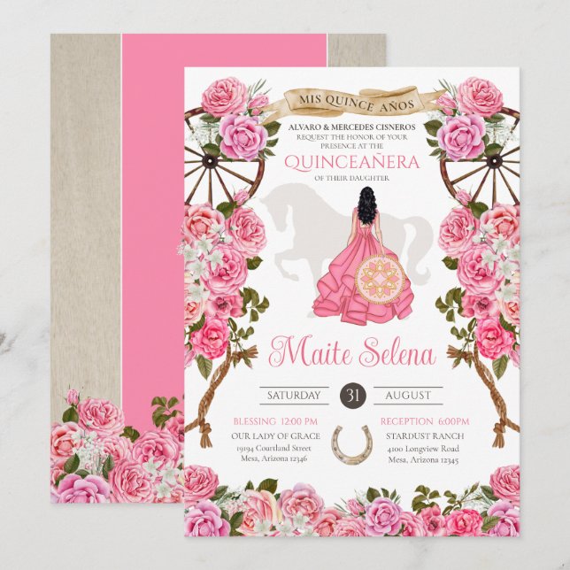 Rosa Quinceanera Elegante Rose Western Charro Einladung (Vorne/Hinten)