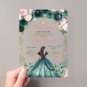 Rosa Quinceañera Emerald Green Gold Crown Floral Acryleinladungen