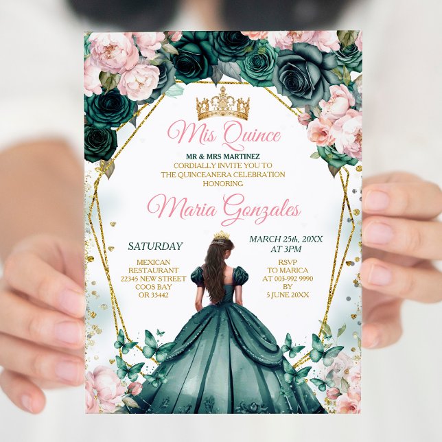 Rosa Quinceañera Emerald Green Gold Crown Floral Einladung (Von Creator hochgeladen)