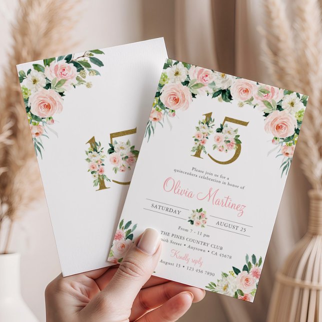 Rosa Quinceañera Geburtstag Einladung Blush Bloral (Von Creator hochgeladen)
