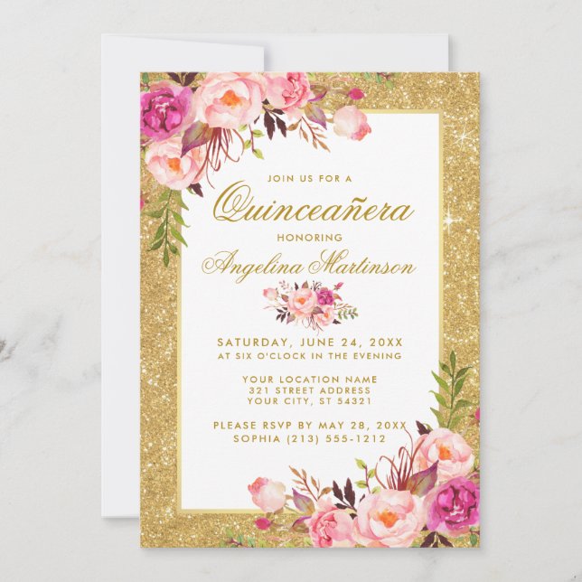 Rosa Quinceanera Gold Glitzer Einladung (Vorderseite)