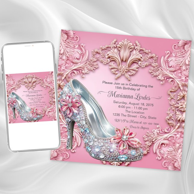 Rosa Quinceañera High Heel Shoe Einladung (Pink jewel shoe any occasion invitation. Instant download and printed invitations available.)