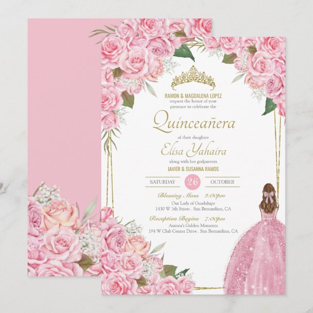 Rosa Quinceanera Rose Blumenstrauß Rosa Elegantes  Einladung (Vorne/Hinten)