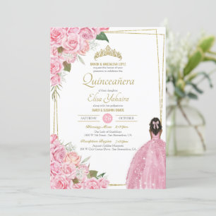 Rosa Quinceanera Rose Blumenstrauß und Rosa Elegan Einladung