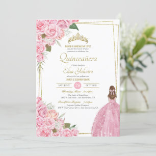 Rosa Quinceanera Rose Blumenstrauß und Rosa Elegan Einladung