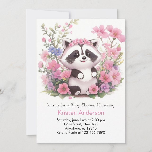 Rosa Raccoon Forest Adventure Girl Baby Dusche Einladung (Vorderseite)