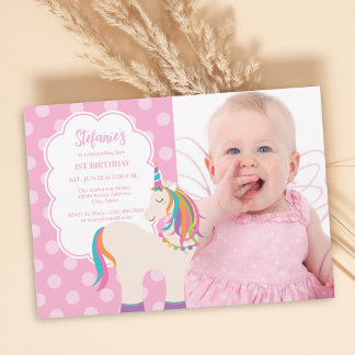 Rosa Rainbow Unicorn Girly 1. Geburtstag Foto Einladung