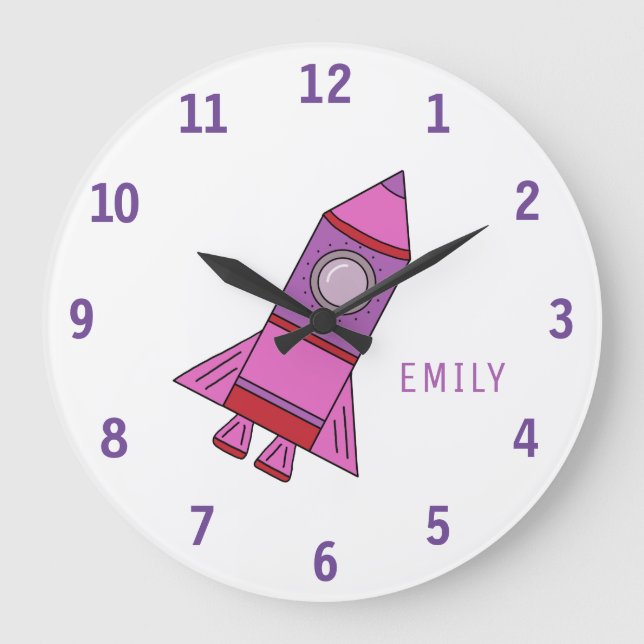 Rosa Raketenschiff Mädchen Name Girl Space  Große Wanduhr (Vorderseite)