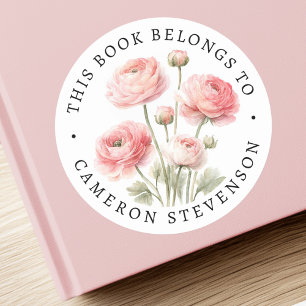 Rosa Ranunkel-Blumen-Bibliotheksbuch-Etikett Runder Aufkleber