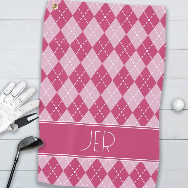 Rosa Raute Karierte Monogramm-Initialen Golfhandtuch (Pink Argyle Plaid Custom Monogram Initials Classic Golf Towel)