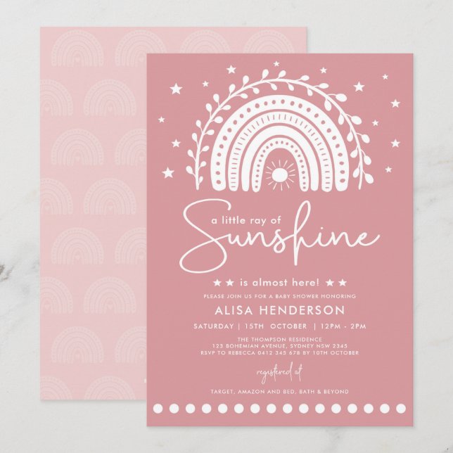 Rosa Ray von Sunshine Rainbow Baby Shower Einladung (Vorne/Hinten)