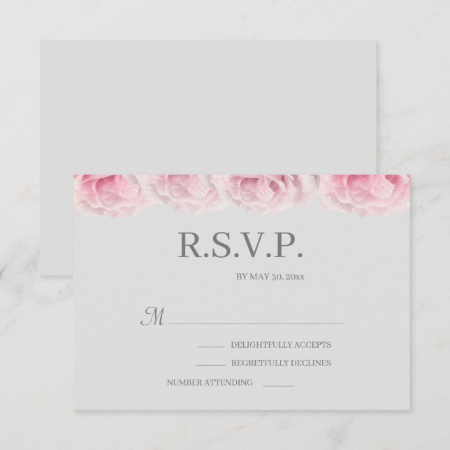 Rosa Real Rose Blume Elegantes Grey Wedding RSVP Einladung (Vorne/Hinten)