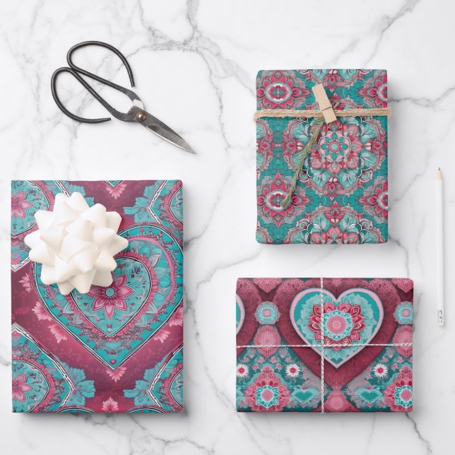 Rosa Red & Aqua Valentine's Day Heart Mandala Geschenkpapier Set (Vorderseite)