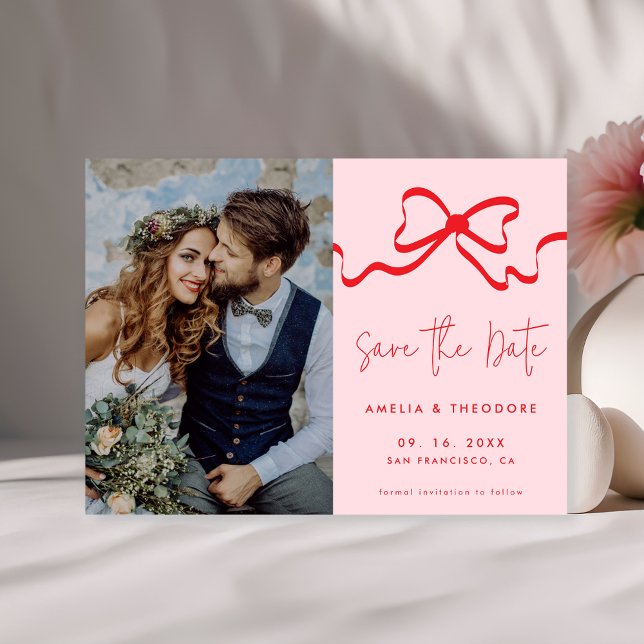 Rosa Red Bow Moderne Foto Hochzeit Save The Date (Von Creator hochgeladen)