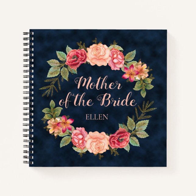 Rosa Red Floral Navy Blue Mother Bride Wedding Notizbuch (Vorderseite)